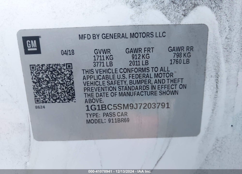2018 CHEVROLET CRUZE LS AUTO VIN: 1G1BC5SM9J7203791