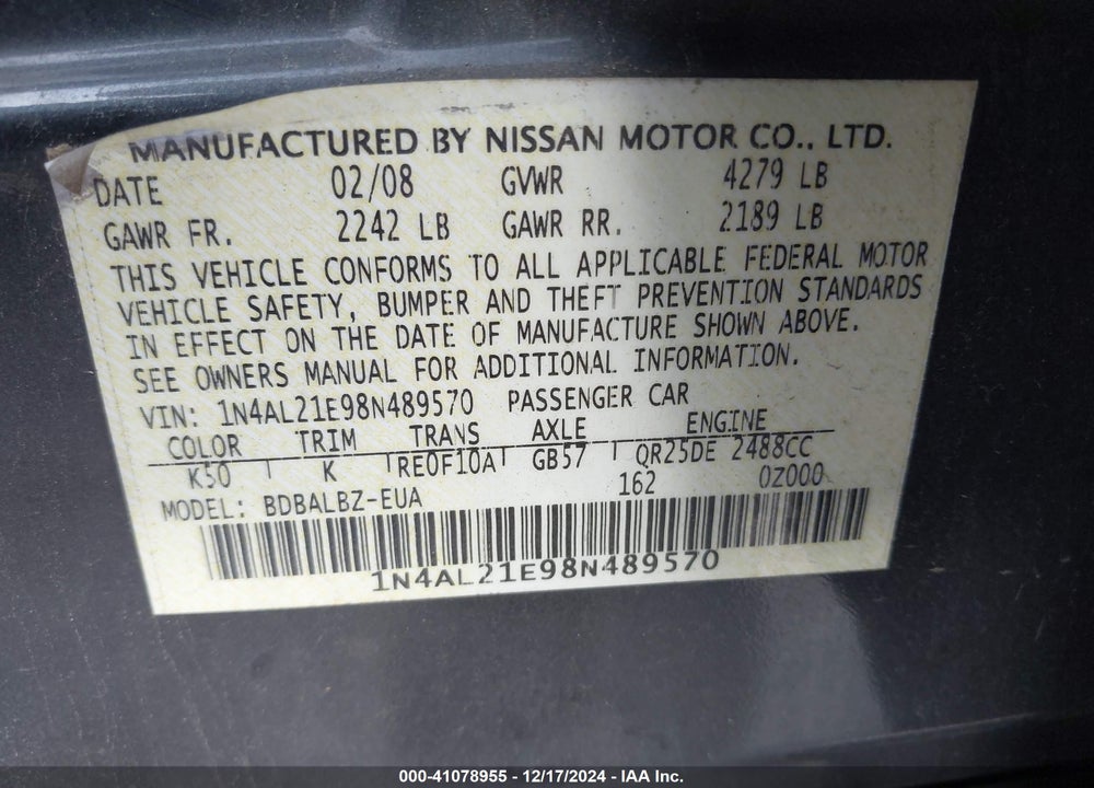 2008 NISSAN ALTIMA 2.5 S VIN: 1N4AL21E98N489570