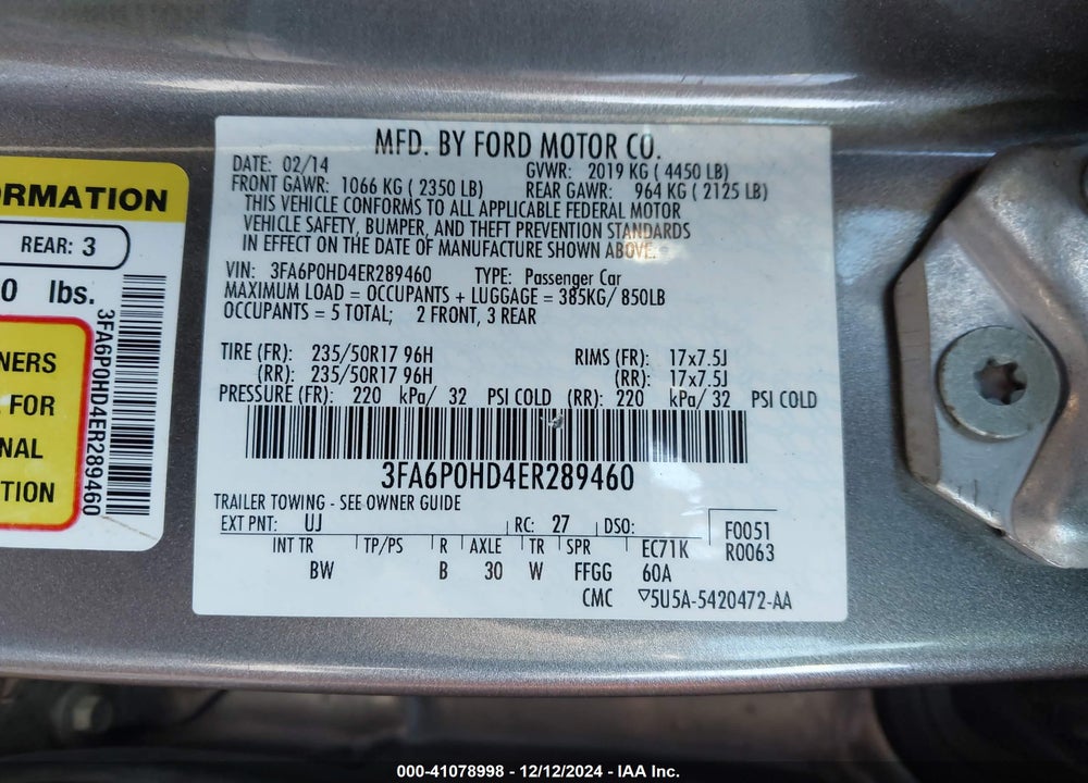 2014 FORD FUSION SE VIN: 3FA6P0HD4ER289460