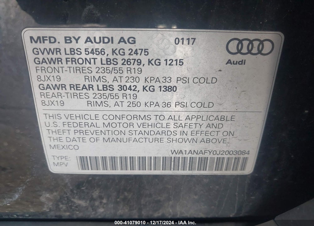 2018 AUDI Q5 2.0T PREMIUM/2.0T TECH PREMIUM VIN: WA1ANAFY0J2003084