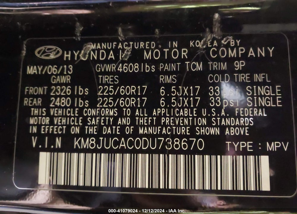 2013 HYUNDAI TUCSON VIN: KM8JUCAC0DU738670