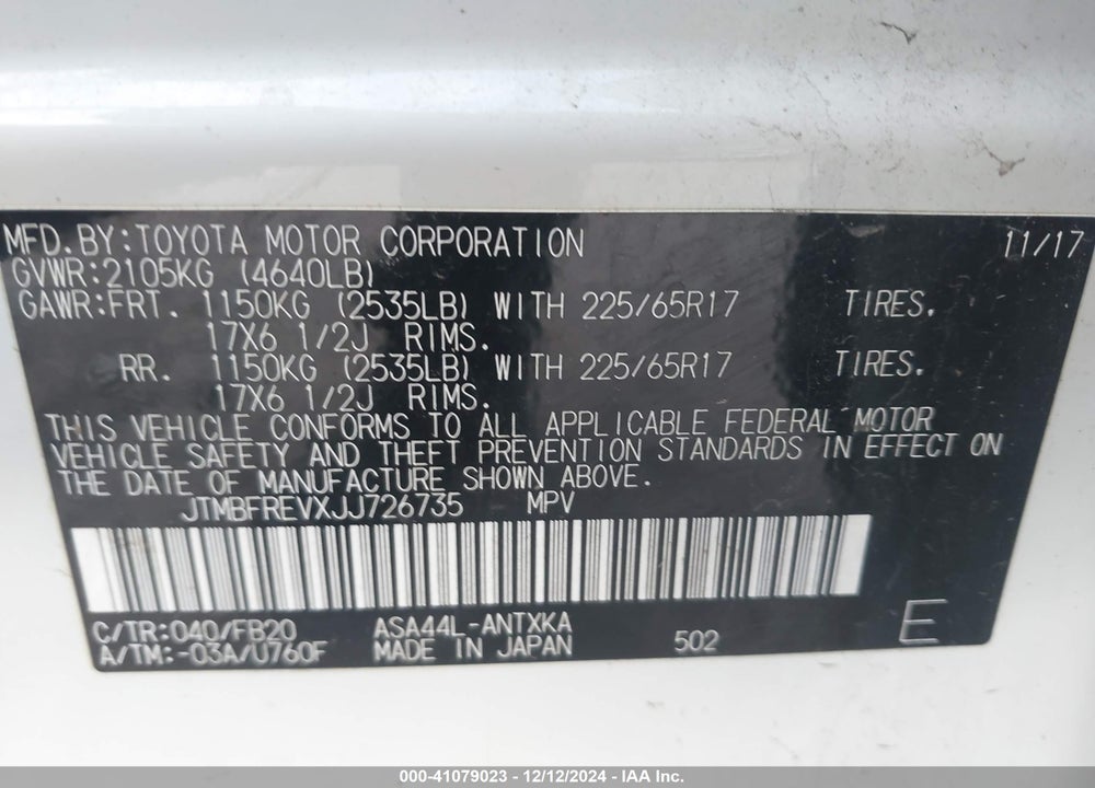 2018 TOYOTA RAV4 LE VIN: JTMBFREVXJJ726735