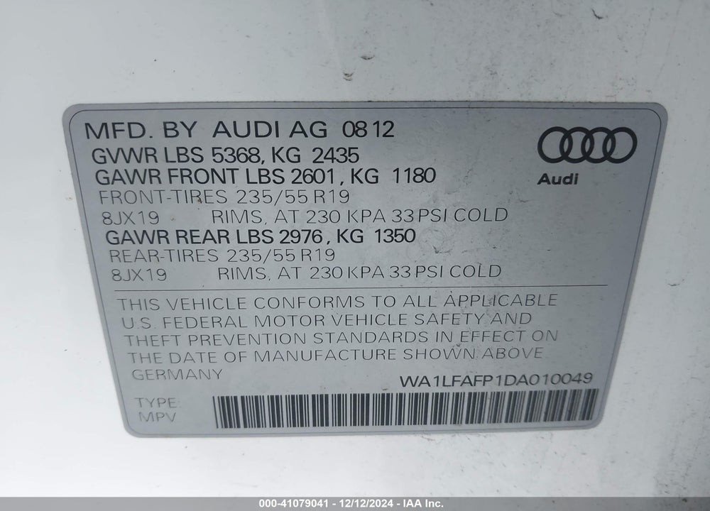 2013 AUDI Q5 2.0T PREMIUM VIN: WA1LFAFP1DA010049