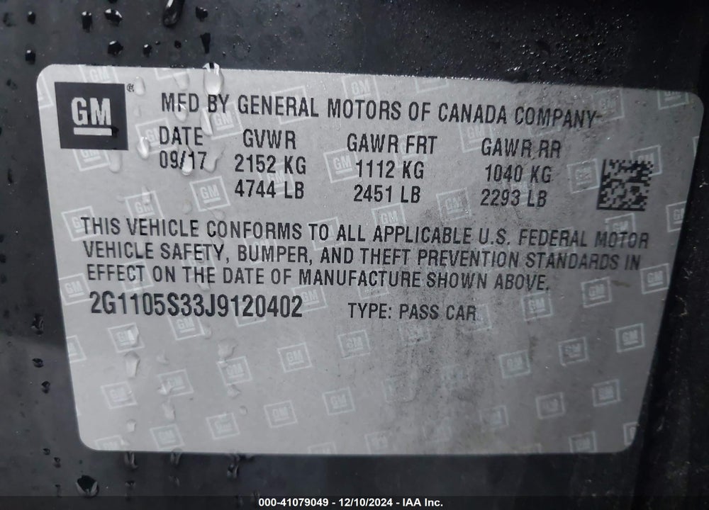 2018 CHEVROLET IMPALA 1LT VIN: 2G1105S33J9120402