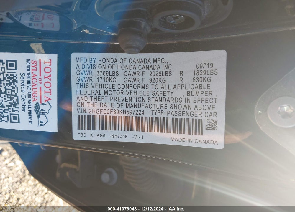 2019 HONDA CIVIC VIN: 2HGFC2F89KH597224