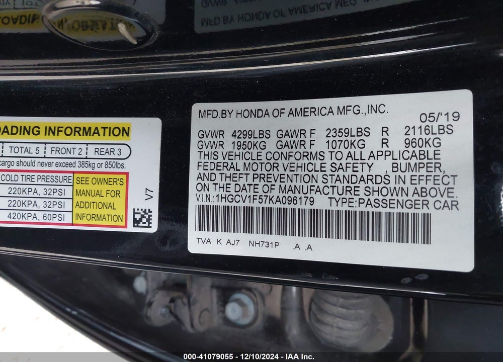 2019 HONDA ACCORD EX-L VIN: 1HGCV1F57KA096179