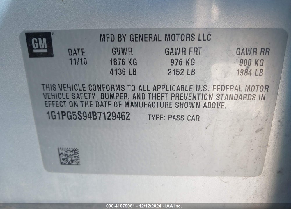 2011 CHEVROLET CRUZE 2LT VIN: 1G1PG5S94B7129462