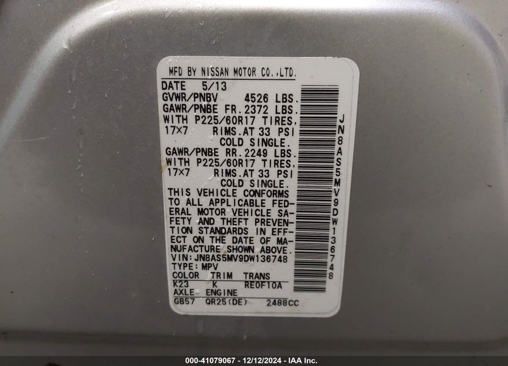 2013 NISSAN ROGUE SV VIN: JN8AS5MV9DW136748