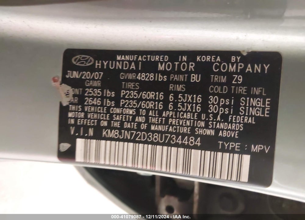 2008 HYUNDAI TUCSON LIMITED V6/SE VIN: KM8JN72D38U734484