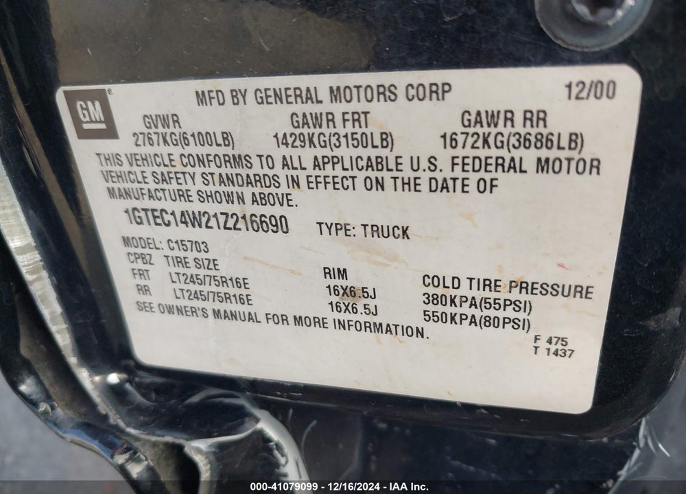 2001 GMC SIERRA 1500 SL VIN: 1GTEC14W21Z216690