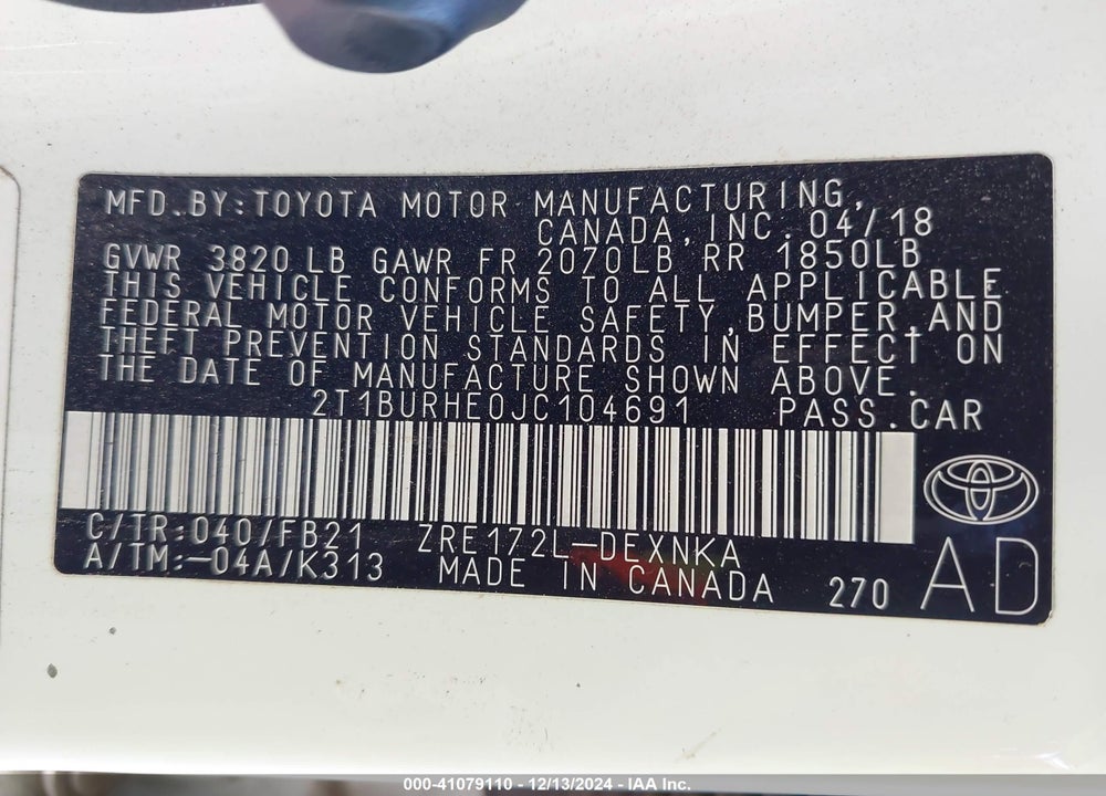 2018 TOYOTA COROLLA LE VIN: 2T1BURHE0JC104691