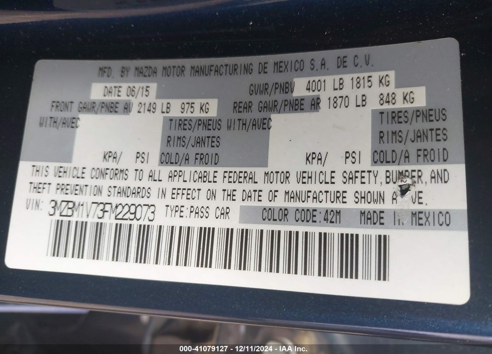 2015 MAZDA 3 I TOURING VIN: 3MZBM1V73FM229073