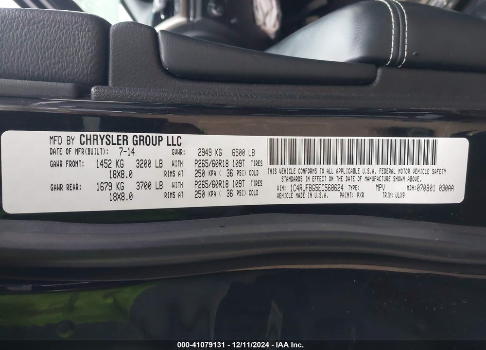 2014 JEEP GRAND CHEROKEE LIMITED VIN: 1C4RJFBG5EC568624