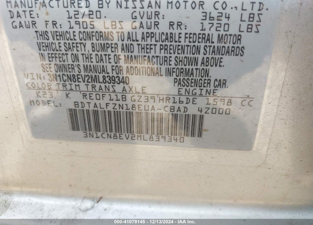2021 NISSAN VERSA SV XTRONIC CVT VIN: 3N1CN8EV2ML839340