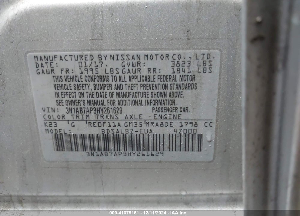 2017 NISSAN SENTRA S VIN: 3N1AB7AP3HY261629