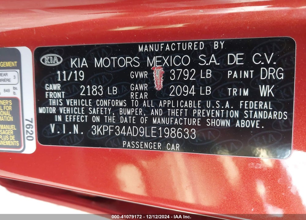 2020 KIA FORTE GT LINE VIN: 3KPF34AD9LE198633