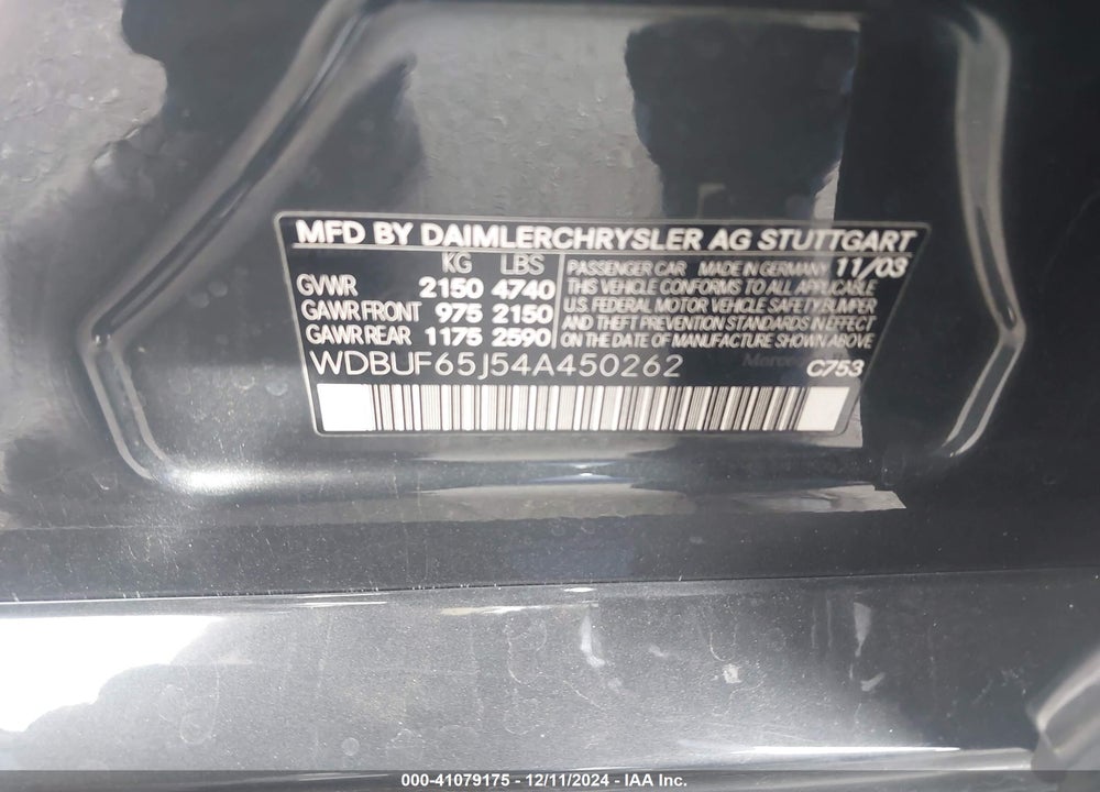 2004 MERCEDES-BENZ E 320 VIN: WDBUF65J54A450262