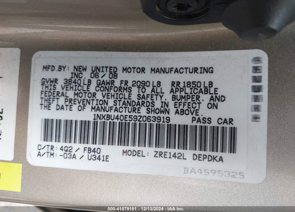 2009 TOYOTA COROLLA LE VIN: 1NXBU40E59Z063919