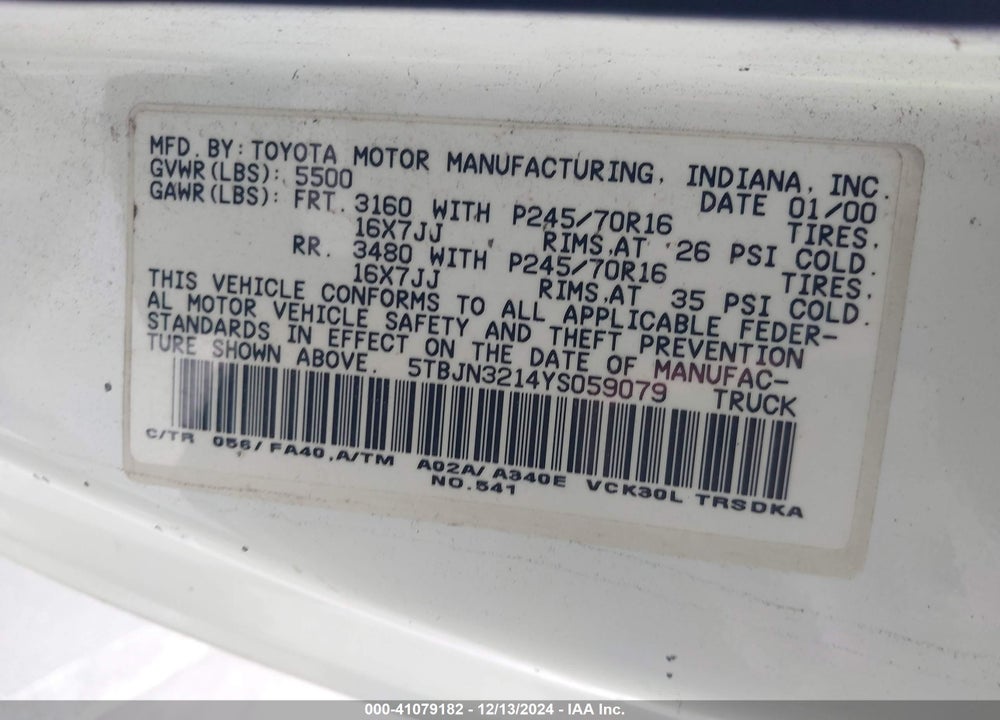 2000 TOYOTA TUNDRA VIN: 5TBJN3214YS059079