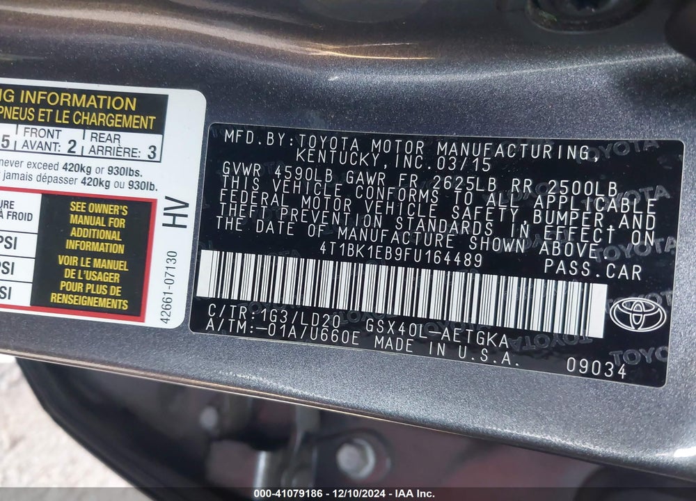 2015 TOYOTA AVALON XLE VIN: 4T1BK1EB9FU164489