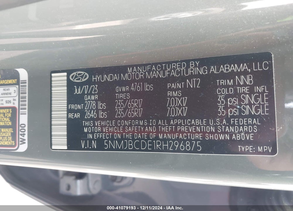 2024 HYUNDAI TUCSON SEL VIN: 5NMJBCDE1RH296875