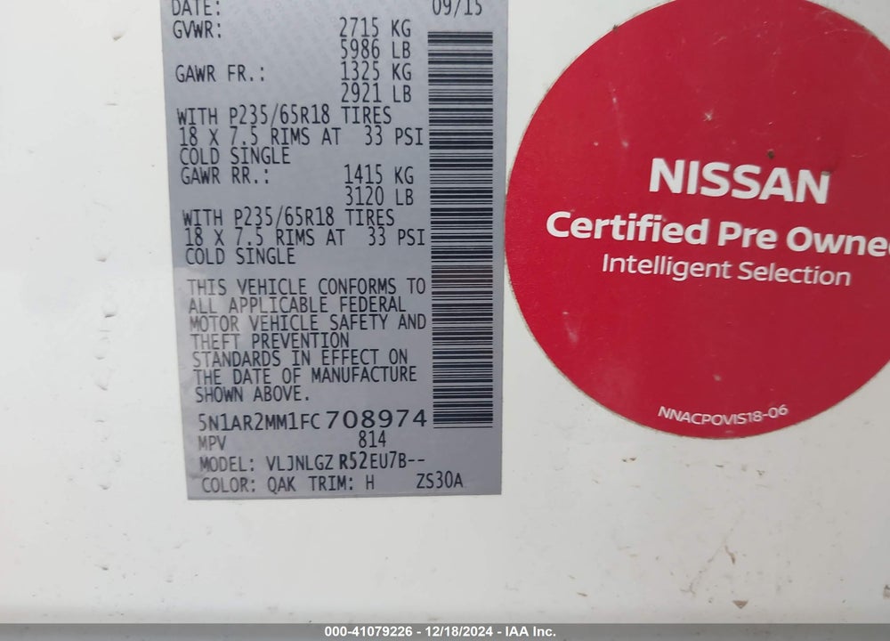2015 NISSAN PATHFINDER SL VIN: 5N1AR2MM1FC708974