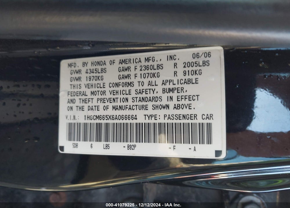 2006 HONDA ACCORD 3.0 EX VIN: 1HGCM665X6A066664