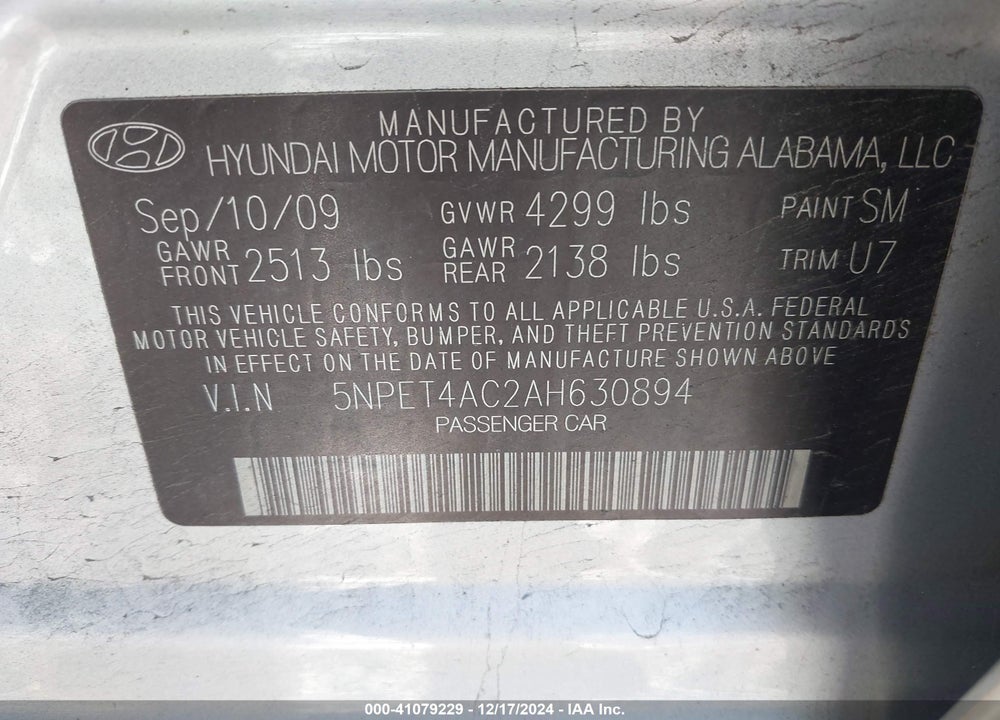 2010 HYUNDAI SONATA GLS VIN: 5NPET4AC2AH630894