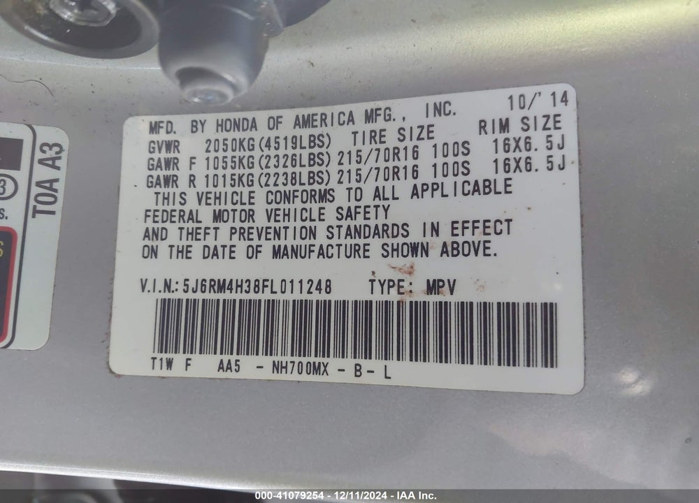 2015 HONDA CR-V LX VIN: 5J6RM4H38FL011248