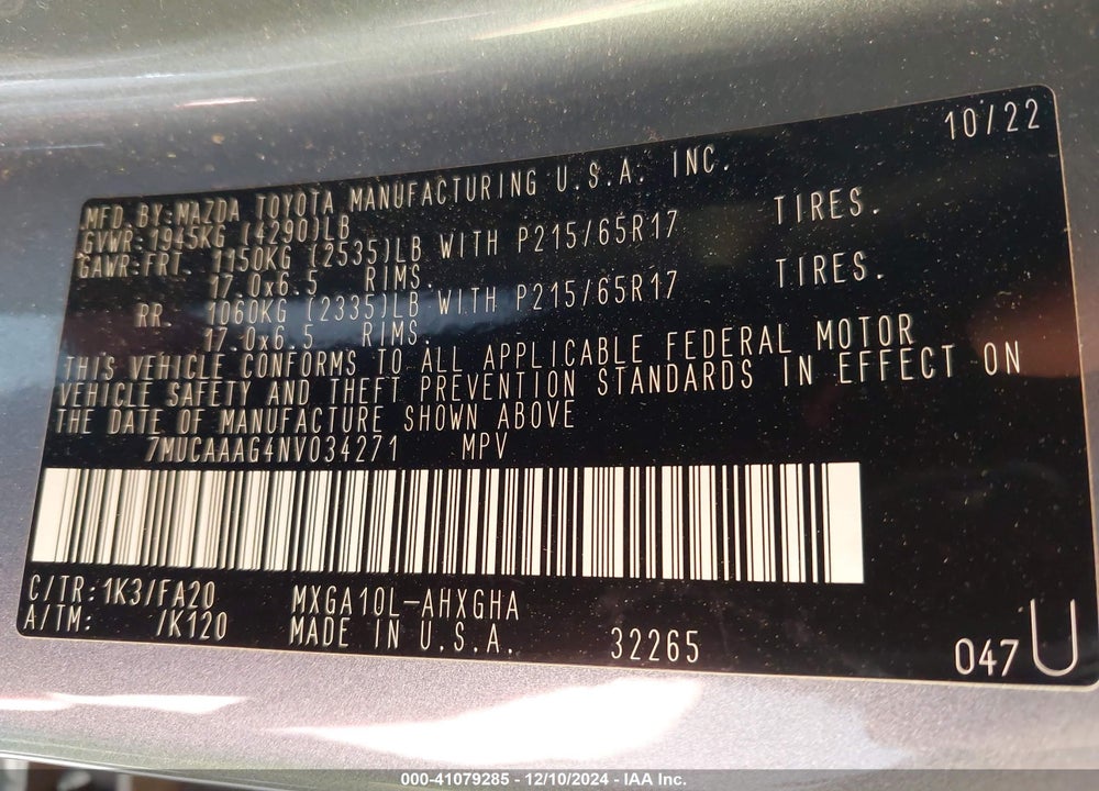 2022 TOYOTA COROLLA CROSS LE VIN: 7MUCAAAG4NV034271
