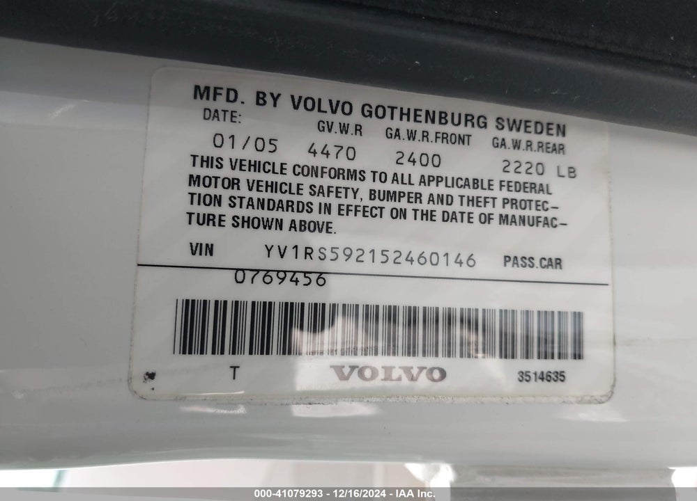 2005 VOLVO S60 2.5T VIN: YV1RS592152460146