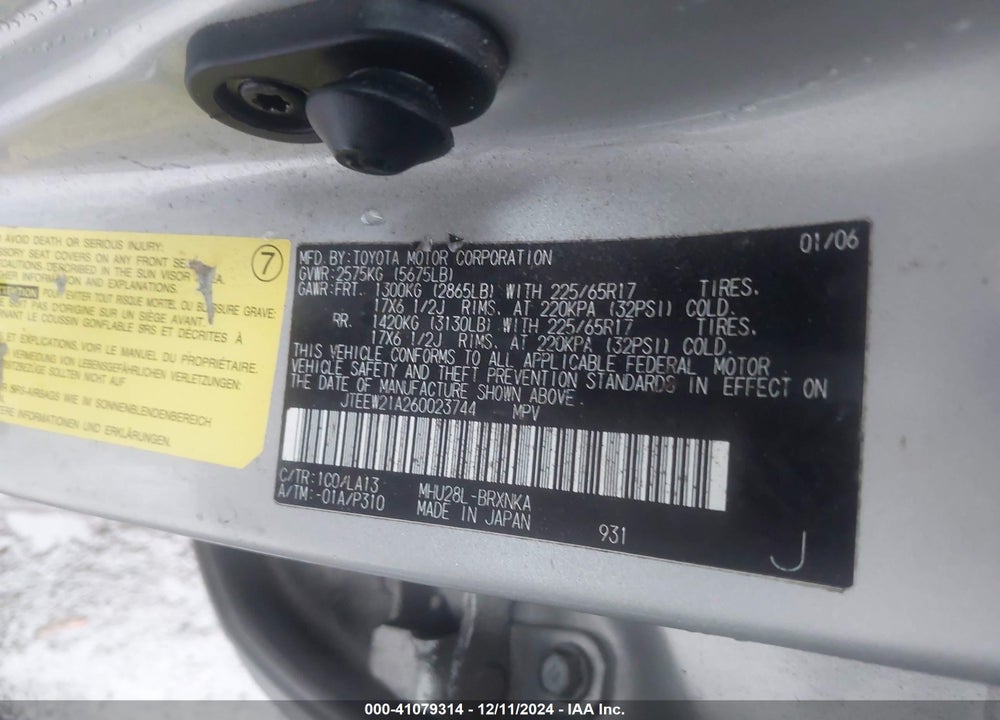 2006 TOYOTA HIGHLANDER HYBRID LIMITED V6 VIN: JTEEW21A260023744