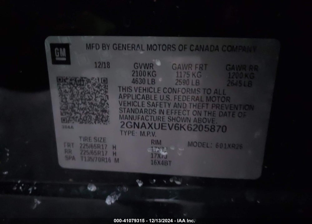 2019 CHEVROLET EQUINOX VIN: 2GNAXUEV6K6205870
