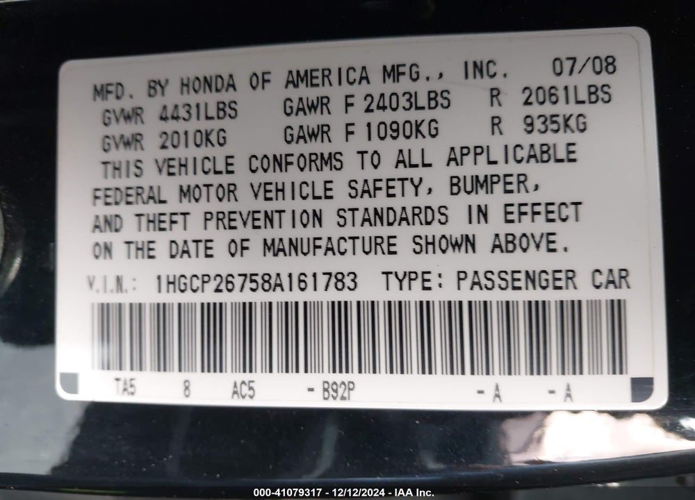 2008 HONDA ACCORD 2.4 EX VIN: 1HGCP26758A161783