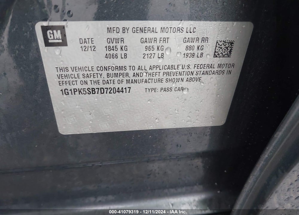 2013 CHEVROLET CRUZE LT VIN: 1G1PK5SB7D7204417