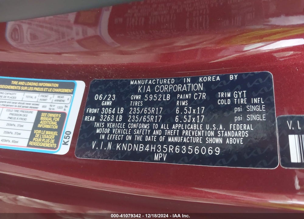 2024 KIA CARNIVAL MPV LX SEAT PACKAGE VIN: KNDNB4H35R6356069
