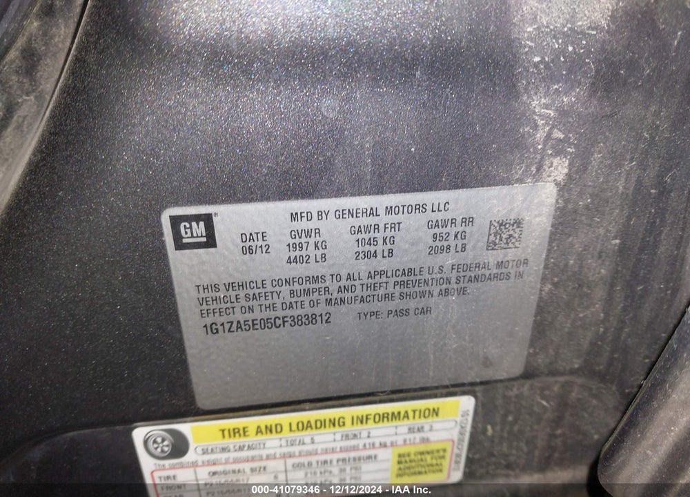 2012 CHEVROLET MALIBU VIN: 1G1ZA5E05CF383812