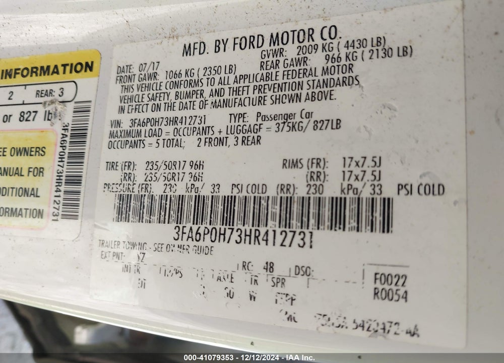2017 FORD FUSION SE VIN: 3FA6P0H73HR412731