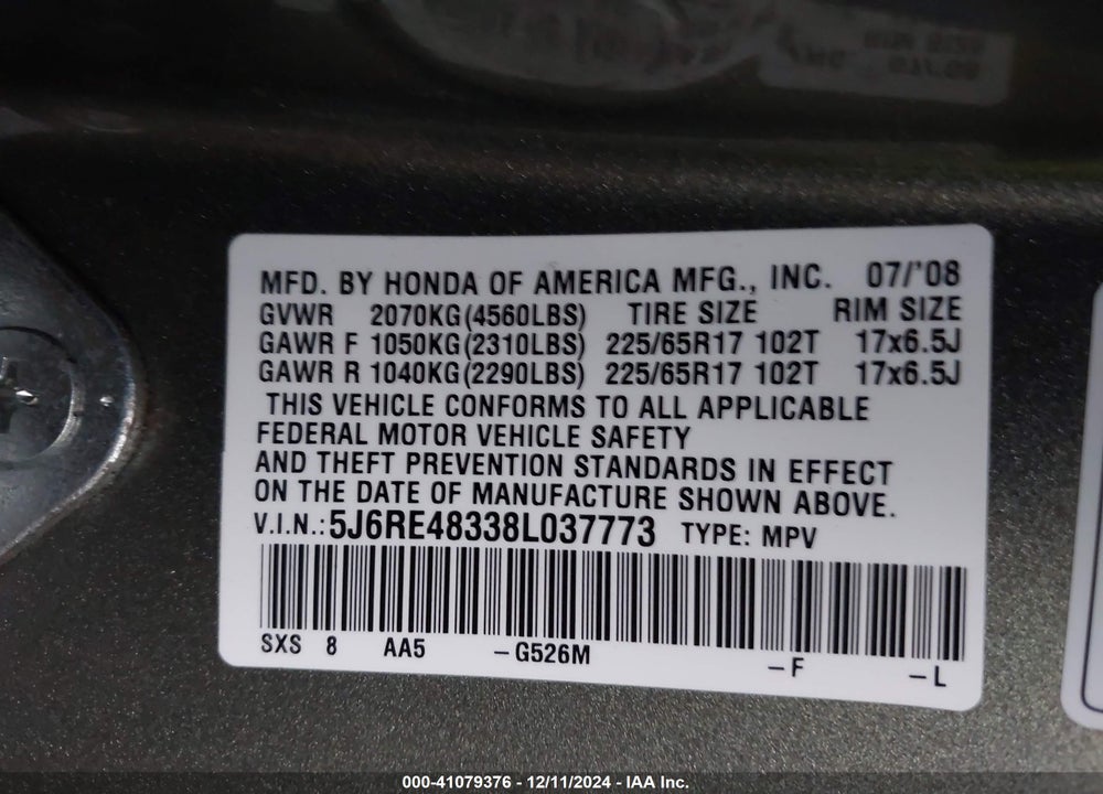 2008 HONDA CR-V LX VIN: 5J6RE48338L037773