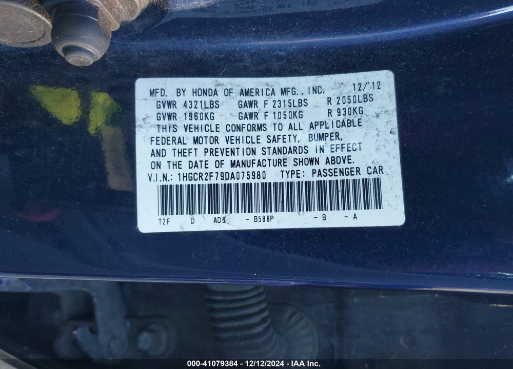 2013 HONDA ACCORD EX VIN: 1HGCR2F79DA075980