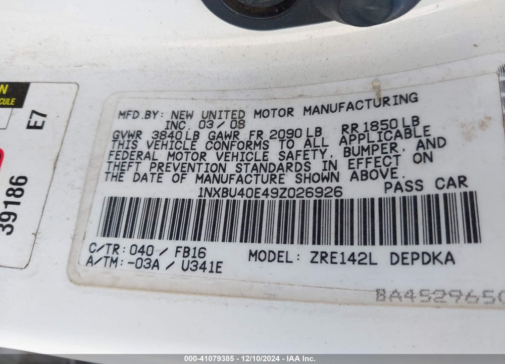 2009 TOYOTA COROLLA VIN: 1NXBU40E49Z026926