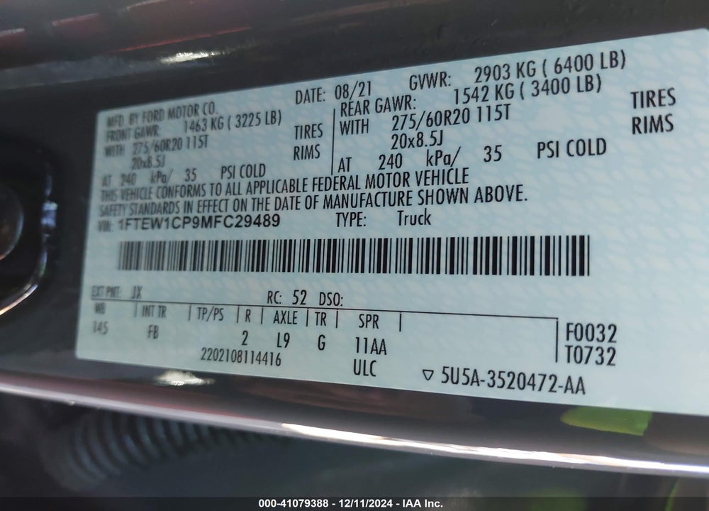 2021 FORD F150 VIN: 1FTEW1CP9MFC29489