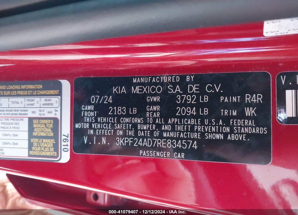 2024 KIA FORTE VIN: 3KPF24AD7RE834574