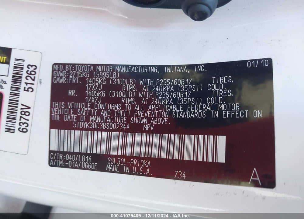 2011 TOYOTA SIENNA XLE V6 VIN: 5TDYK3DC3BS002344
