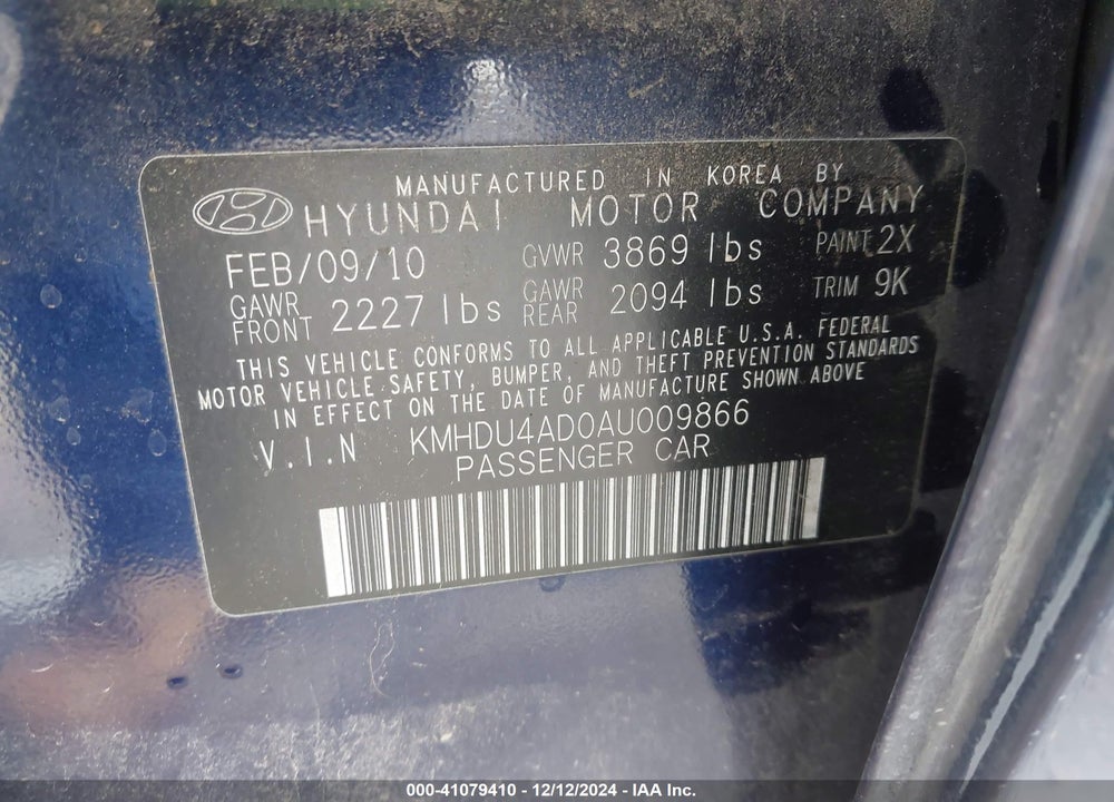 2010 HYUNDAI ELANTRA GLS VIN: KMHDU4AD0AU009866