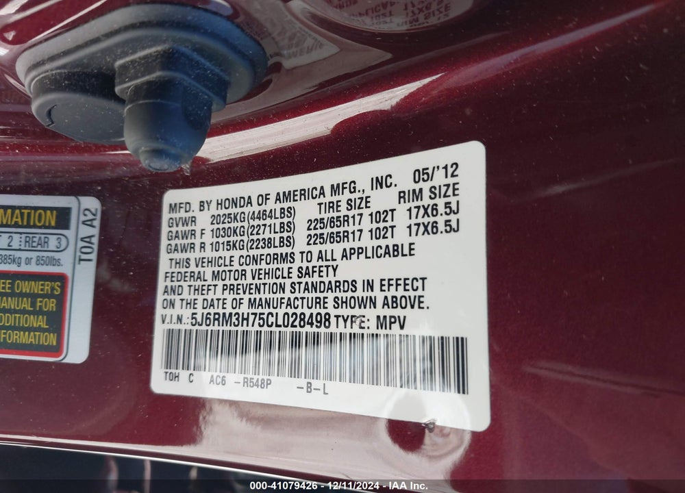 2012 HONDA CR-V EX-L VIN: 5J6RM3H75CL028498