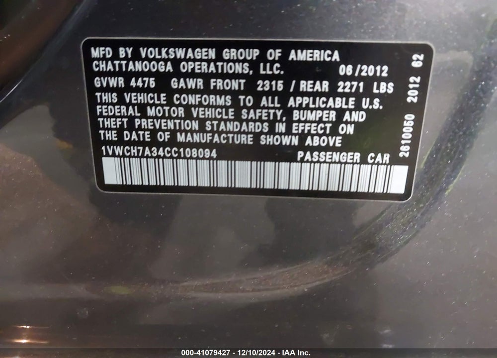 2012 VOLKSWAGEN PASSAT VIN: 1VWCH7A34CC108094