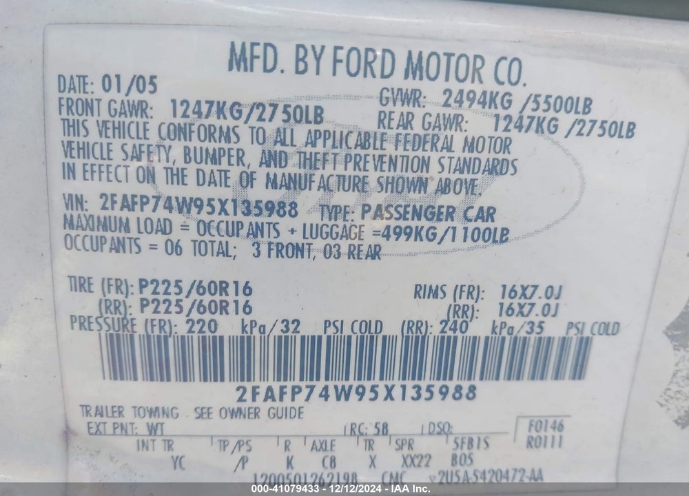 2005 FORD CROWN VICTORIA LX/LX SPORT VIN: 2FAFP74W95X135988