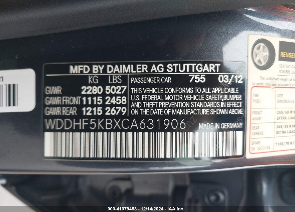 2012 MERCEDES-BENZ E 350 VIN: WDDHF5KBXCA631906
