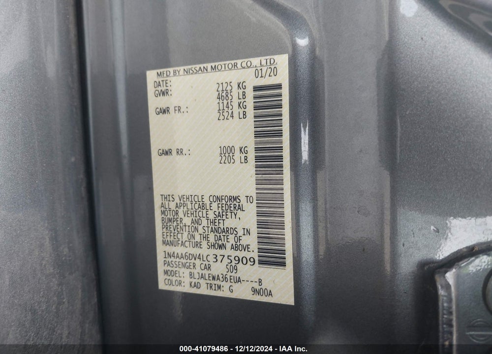 2020 NISSAN MAXIMA SL XTRONIC CVT VIN: 1N4AA6DV4LC375909